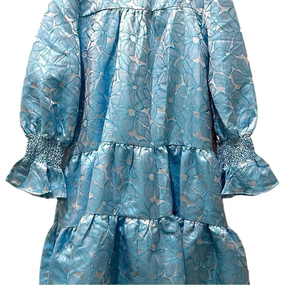New Tuckernuck Pomander Place Blue Daisy Jacquard Kenzo Long Sleeve Mini Dress - Picture 9 of 14